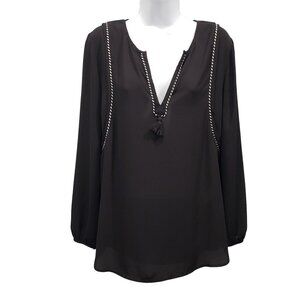 J.Crew Chiffon Blouse Popover Long Sleeve Rope Trim Boho Workwear Black Womens 4